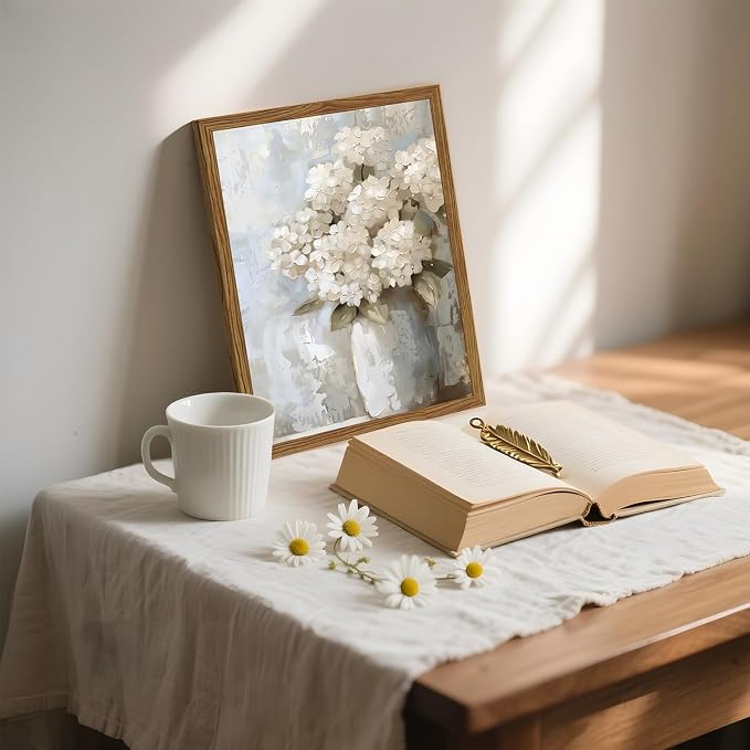 Framed Vintage Canvas Wall Art, White Hydrangea Floral Wall Decor Paintings, Flower Pictures Prints Aesthetic Home Decor for Living Room Bedroom Bathroom Office 8x10 inch