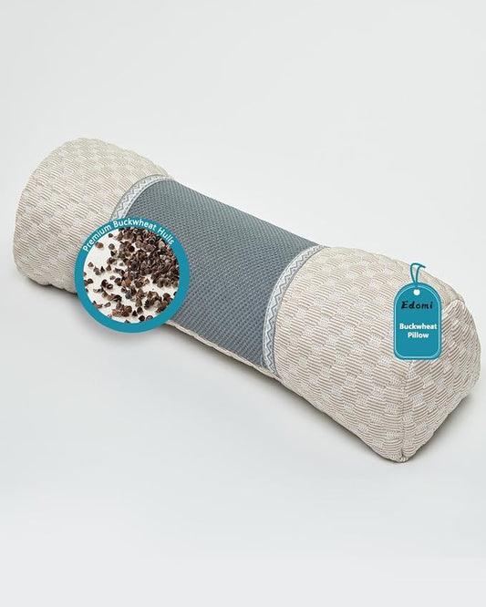Buckwheat Cervical Pillow for Sleeping, Adjustable Roll Pillow for Neck Relief with Washable Pillowcase, Round Cylinder Bolster for Firm Support, 16x4 inch (Khaki)