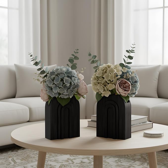 2 Pack Black Wooden Wall Vase for Pampas Grass and Dried Flowers | Wall hanging vase set for faux greenery and eucalyptus; black boho wall decor for bedroom, hallway, entryway or living room