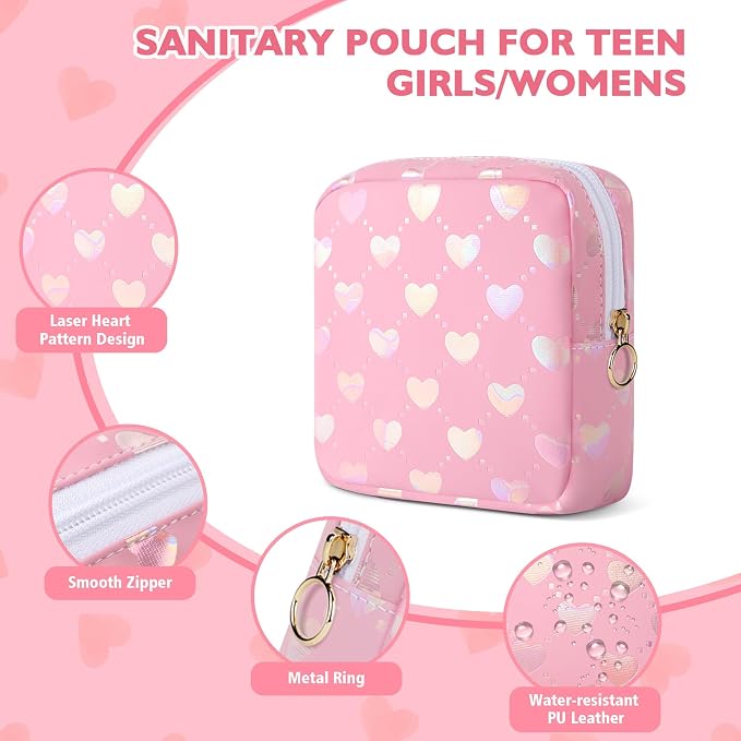 Likesing Period Bag Pouch, Leather Sanitary Napkin Storage Bag for Girls Womens, Portable Sanitary Napkin Period Pad Pouch Bag for Purse, Small Make Up Bags(Pink LOVE)