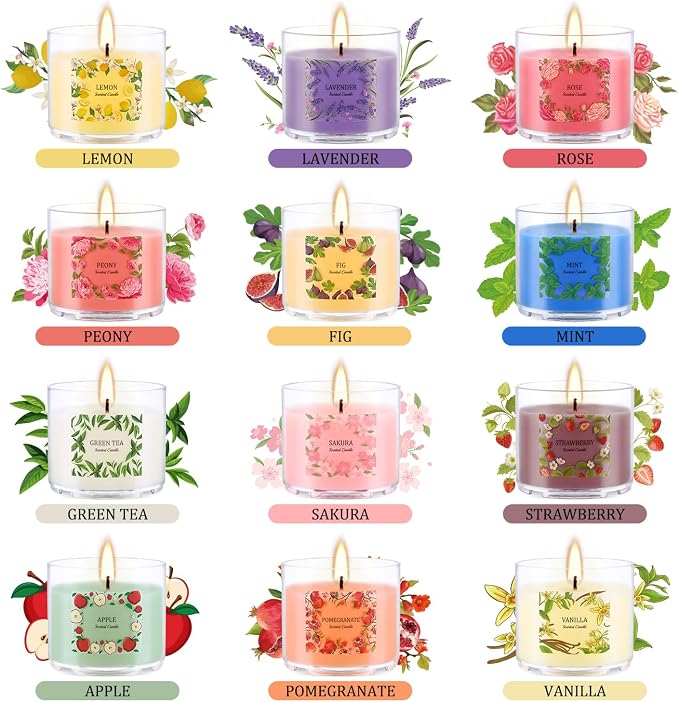 Scented Candles Gift Set, 24 Pack 2oz Soy Wax Aromatherapy Candles with 12 Fragrances, Long Lasting Smokeless Candles in Clear Acrylic Cups with Cotton Wick, Birthday Gifts for Women, Home Decor