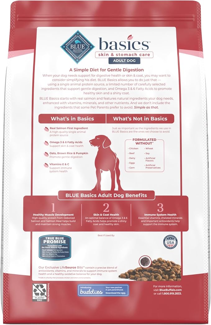 Blue Buffalo Basics Salmon Adult Skin & Stomach Care Dry Dog Food, 11 lb | Real Salmon #1 Ingredient, Limited Ingredient Diet, Antioxidant-Rich LifeSource Bits, Skin & Coat Health