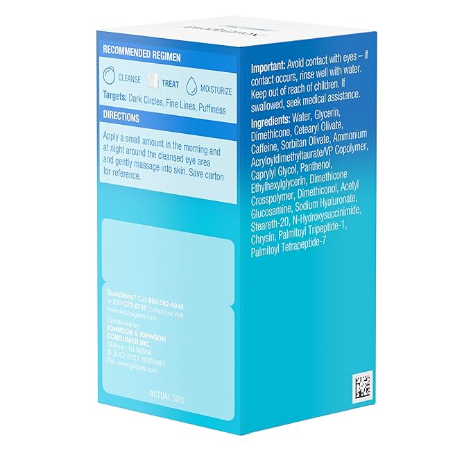 Neutrogena Hydro Boost + Eye Cream for Dark Circles & Puffiness,Under Eye Cream with Caffeine,Hyaluronic Acid and Peptides,Fragrance Free,0.5 oz,(Pack of 2)