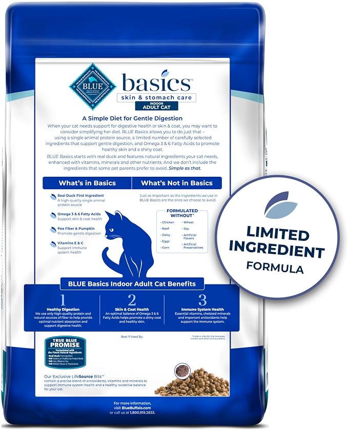 Blue Buffalo Basics Duck Grain-Free Skin & Stomach Care Dry Cat Food, 11 lb | Real Duck #1 Ingredient, Limited Ingredient Diet, Antioxidant-Rich LifeSource Bits, Skin & Coat Health