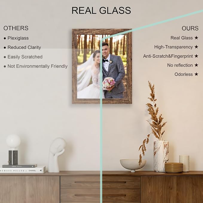 Hongkee 10x13 Picture Frame Set of 4, Made of Real Glass and Rustic Brown Frame, 10 by 13 Photo for Wall or Tabletop - Display Picture 8.5x11 with Mat or 10x13 Without Mat