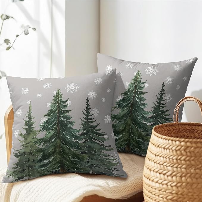 Kawani Winter Tree Throw Pillow Covers 16x16 Inches, Set of 2 Xmas Seasonal Snowflakes Forest Grey Cotton Linen Square Pillowcase for Chair Couch Sofa Bedroom Living Room Home Decor