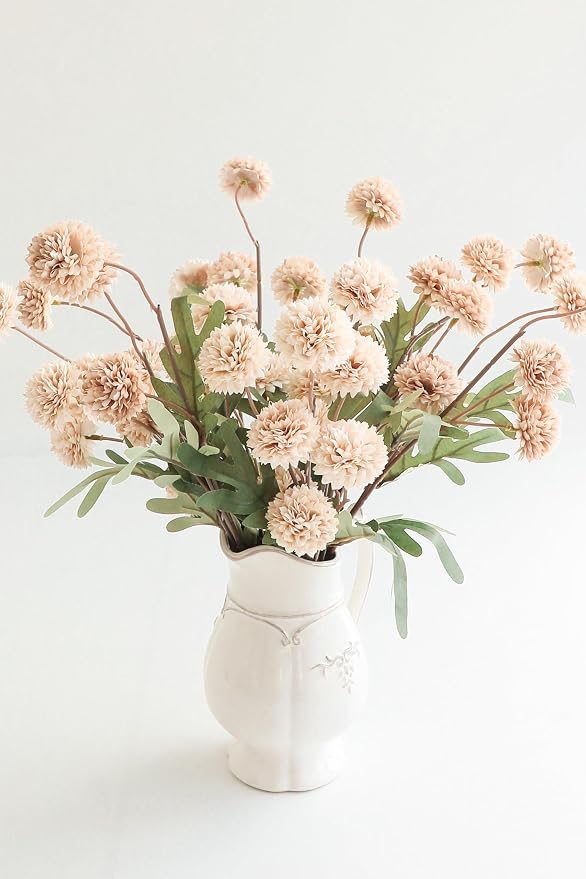 6pcs Beige Faux Silk Mums Artificial Flowers, Bulk Fake Small Mini Chrysanthemums with Stems for DIY Champagne Wedding Centerpieces Floral Arrangements Vase Fillers Home Decorations