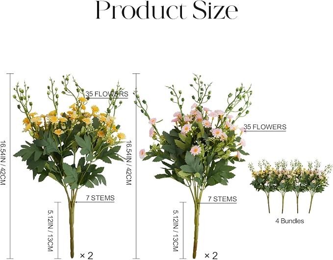 RM ROOMERS Artificial Flowers Plants for Outdoors, Fake Flowers Yellow&Pink | Daisy UV Resistant Faux Flower for Garden Porch Windowbox Front Door Yard, No Fade Home Table Vase Decor (4 Bundles)