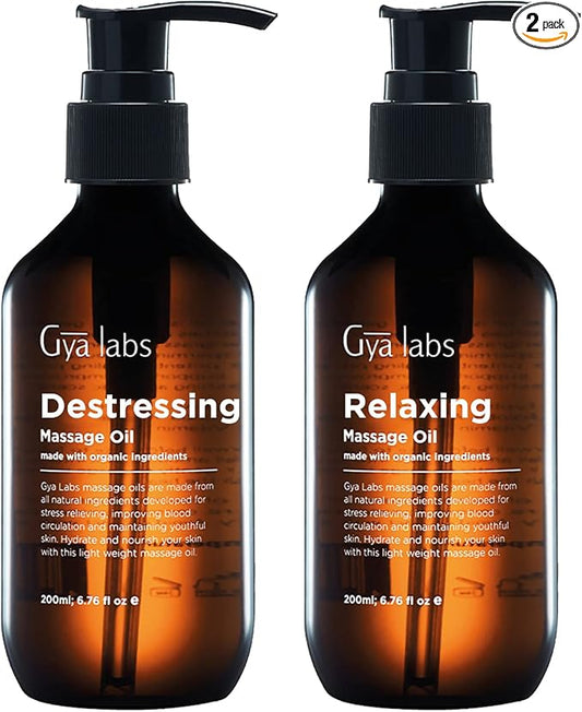 Destressing Massage Oil & Relaxing Massage Oil Set - Aromatherapy Grade Essential Oils Set - 2x200ml - Gya Labs