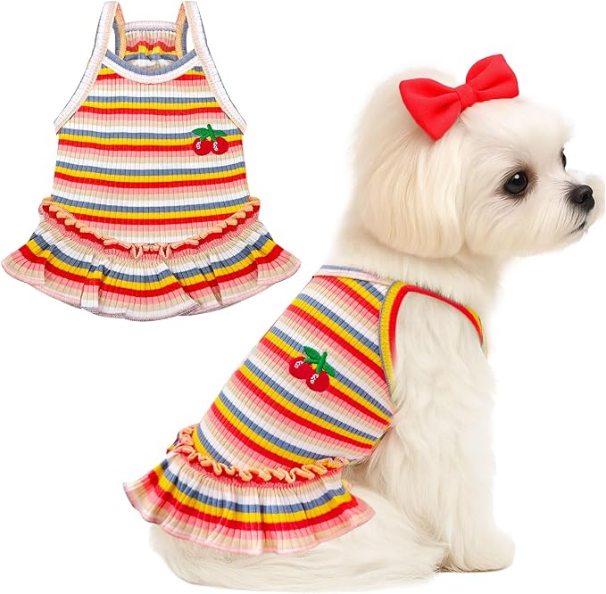 Cute Small Dog Dress Girl Female Dog Clothes Spring Summer Pet Puppy Cats Striped Dress Outfits for Shih Tzu Yorkies Chihuahua Maltese(Cherry Orange,XX-Large)