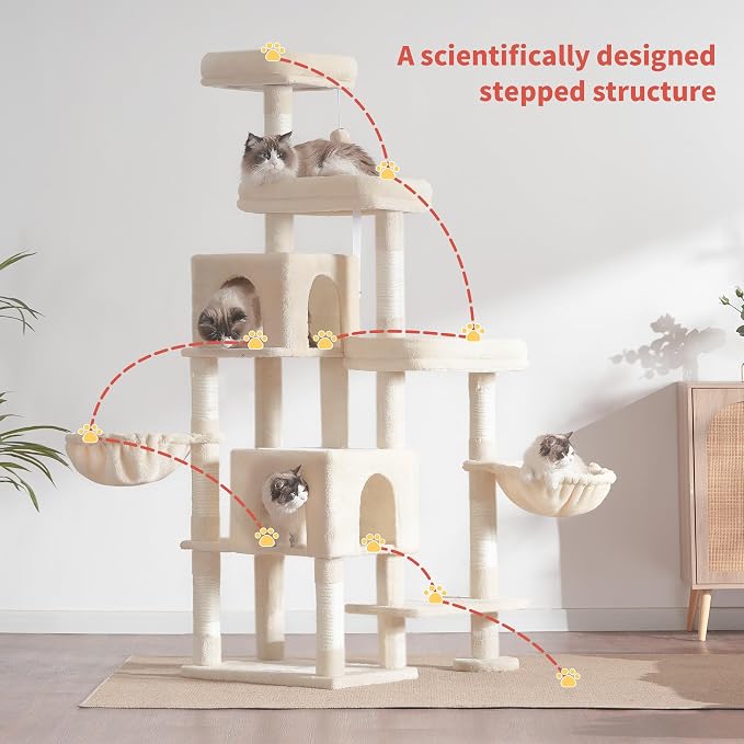Hey-brother Cat Tree Tower with Stable Extended Base, 3 Platforms, MPJ038M | 70.9 Inches Multi-Level Sisal Scratching Posts, Wide Bed, 2 Cozy Condos, 2 Hammocks, Toy Balls for Indoor Cats, Beige