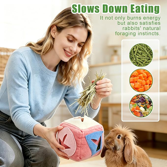 Rabbit Foraging Toy with Bell,Puzzle Feed Game Guinea Pig Fun Enrichment Toys Boredom Relief,Washable Snuffle Interactive Treat Ball Dispenser Exercise Bunny Toys for Indoor Bunnies(Pink)