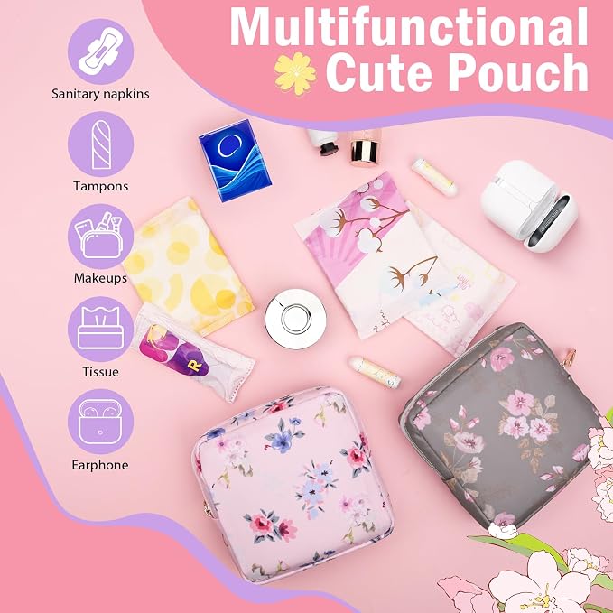 Period Bag Discreet Sanitary Napkin Storage Bags Pad Pouch | Flower Print Deisgn, Portable, Menstrual Cup & Pad Holder, First Period Kit Storage, Feminine Bag for Women