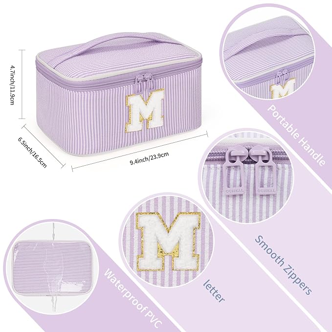 OCHEAL Makeup Bag Valentines Day Gifts for Women, Monogram Cosmetic Bag Purple Travel Makeup Case Beauty Toiletry Bag Organizer Personalized Gifts for Girls Bridesmaid, Sister, Wife, Friends Initial M