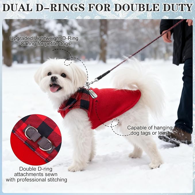 Christmas Fleece Dog Sweater for Small Medium Dogs - Classic Plaid Jacket, Doggie Winter Coat Vest with 2 D-Rings for Leash, Cold Weather Clothes,Pet Apparel,Sweatershirt for Boy or Girls