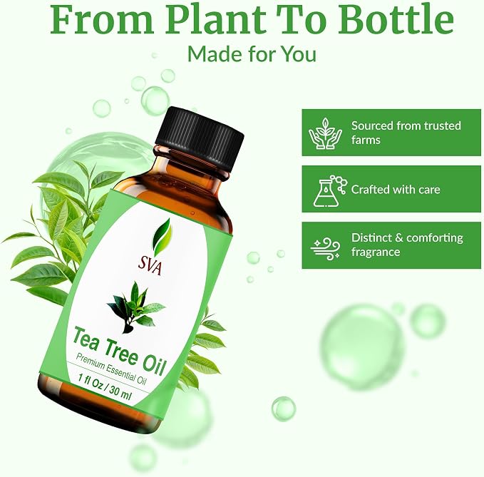 SVA Tea Tree Essential Oil 1 Fl Oz – for Diffuser, Skin & Hair Care – Ideal for Massage & DIY Blends – with Dropper