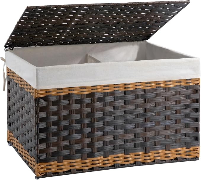 OIAHOMY Storage Basket with Lid, 27.7 Gallon (105L) Blanket Basket with Removable Liner Bag, Synthetic Wicker Hamper with Handle, Foldable, Hamper for Living Room, Brown