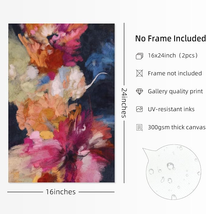 Colorful Abstract Wall Art Decor Modern Flower Canvas Wall Art Abstract Flower Pictures Painting Modern Colorful Artwork Posters Abstract Prints for Living Room Bedroom 16x24 Inch Unframed Set of 2