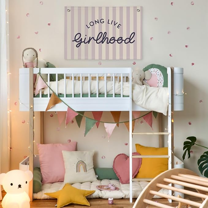 Purple Girls Room Decor Long Live Girlhood Banner, Vintage Stripes Flag Banner Nursery Playroom Wall Decor for Girls Bedroom Dorm Toddler Decorations Teen Girls Kids Room 30x20,girlroom