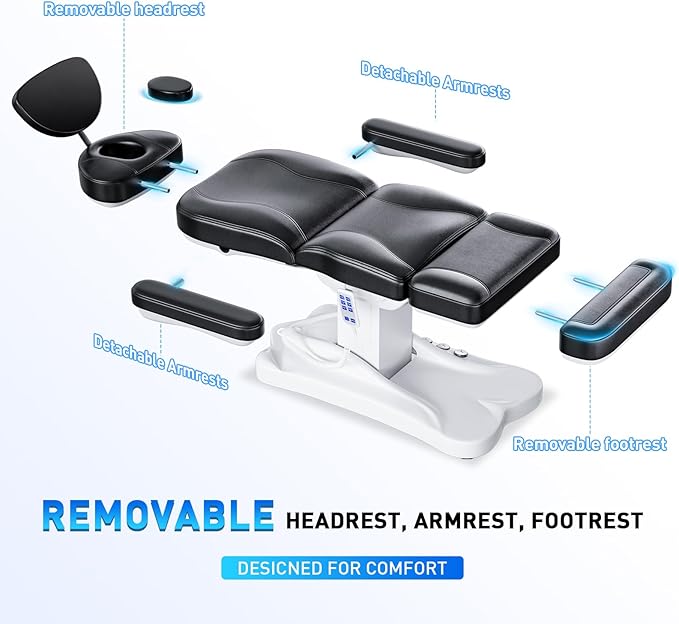 Full Electrical Aesthetic Chair with Lights for Clients, 3-Motors 200W Adjustable Tattoo Facial Beauty Bed with Remote Control, Capacity 550LBS for Podiatry Office Aesthetician Services (Black)