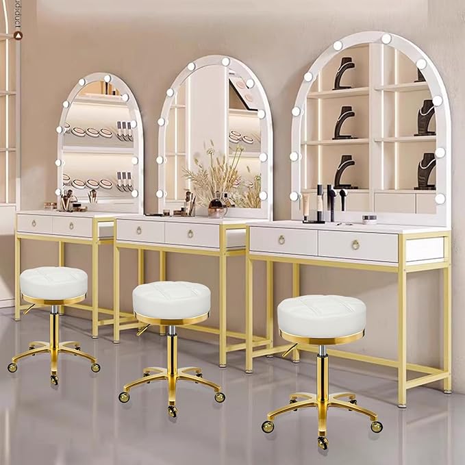 Gold Rolling Vanity Stool with Wheels, Salon Spa Tattoo Massage Pedicure Chair, PU Leather Roller Chair, 43-55cm Height Adjustable Office Work Swivel Stool (White, Without Back)