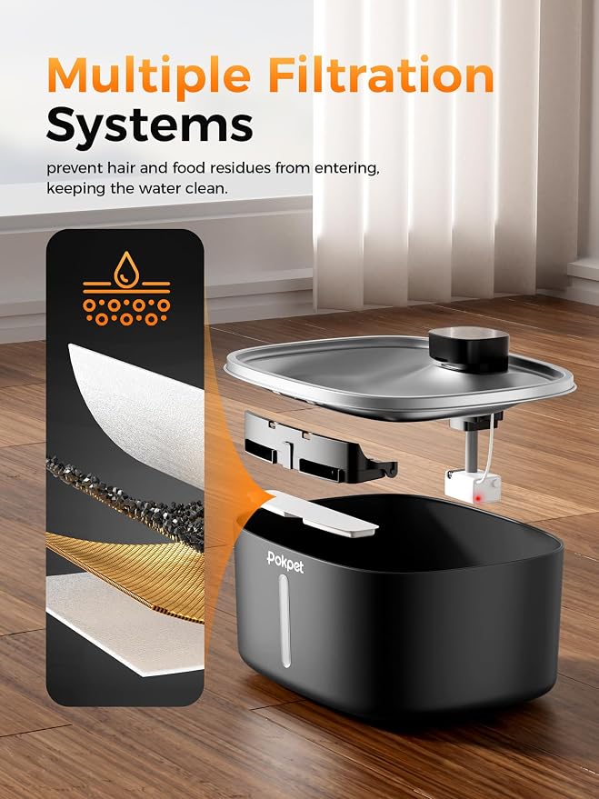 Dog Water Fountain Indoor Homes Stainless Steel 10L/2.64GAL Plug in Plastic Reservoir Stainless Steel Water Bowl Filtered Multi-Pet Quiet Large Black Plug-in &1Filter
