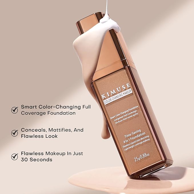 KIMUSE Color Changing Foundation, 4 In 1 Smart Shade Skin Tone Foundation Makeup, Waterproof & Long Wear with Glycerin & Sodium Hyaluronate Tinted Moisturizer Face Makeup For All Skin Tones