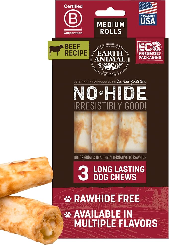 Earth Animal No Hide Dog Chews - Rawhide Free Medium Rolls 3 Count Beef | Medium Beef Flavored Natural Rawhide Free Long Lasting Dog Chews - Treats for Medium Dogs and Aggressive Chewers