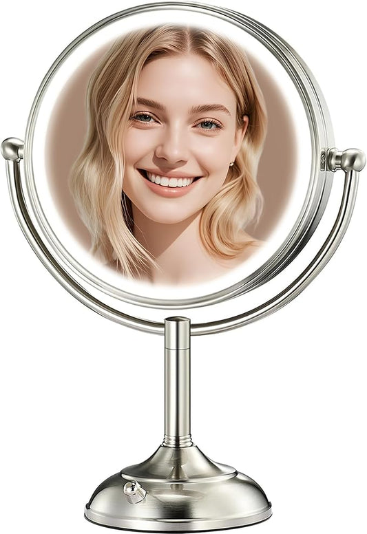 VESAUR 2025 9.3" Large 5000mAh Rechargeable Lighted Makeup Mirror Nickel, 1X/10X/20X HD Magnifying Mirror with Compact Suction, 3 Color Dimmable Light, 360°Swivel Seamless Vanity, Gift Box