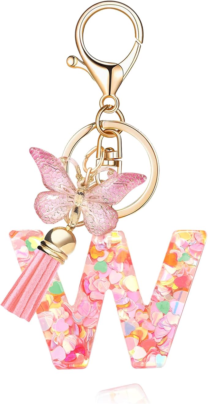 Fashion Alphabet Initial Letter Keychain Tassel Butterfly Pendant Key Ring for Purse Handbags Women Girl