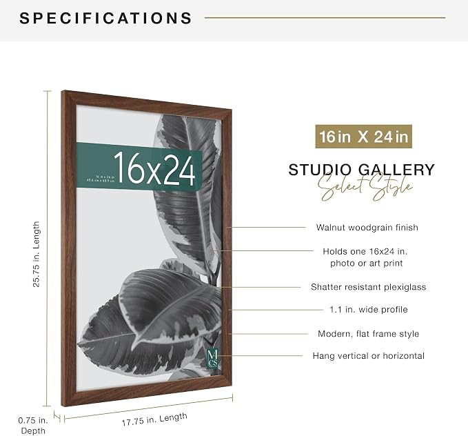 MCS Studio Gallery 16x24 Poster Frame Walnut Woodgrain Engineered Wood, Vertical & Horizontal Wall Hanging Large Picture Frame for Photos, Posters & Art Prints (1-Pack)