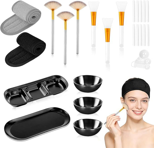 28 Black Facial Supplies 3 Facial Mask Mixing Bowls 3 Facial Fan Brushes 3 Mask Applicator Brushes 3 Mask Measuring Spoons Skincare Tray 3-Compartment Serving Tray 12 Facial Sponges 2 Spa Headbands