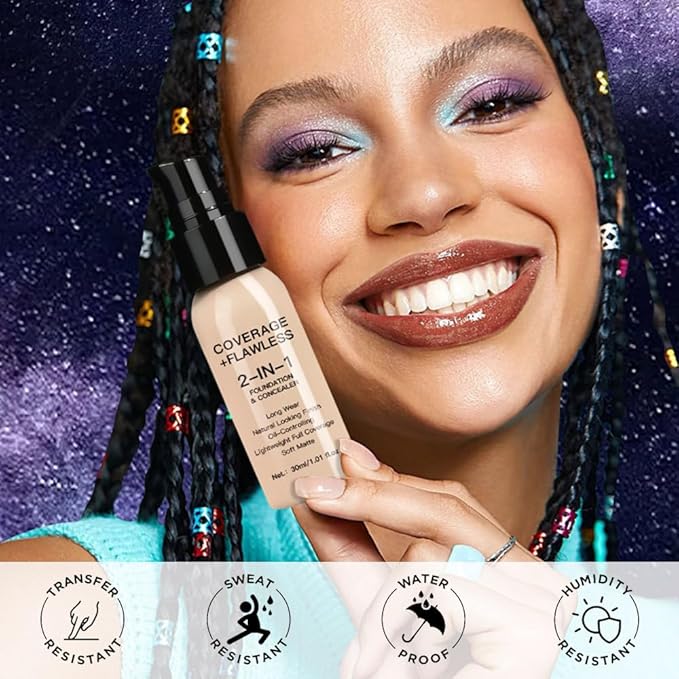 2 in 1 Foundation Concealer, Lightweight Creamy Long Lasting Face Makeup for Combination Oily Skin, Conceals Dark Circles Under Eyes Dark Spots and Blemishes, Vegan Cruelty-Free, Fair