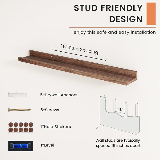 Picture Ledge Shelf, Floating Shelves for Wall, 32" W Set of 2, Walnut | FSC Certified Engineered Wood, Wall Mounted Bookshelf, for Nursery Living Room Bedroom, Pre-Drilled, Easy Install