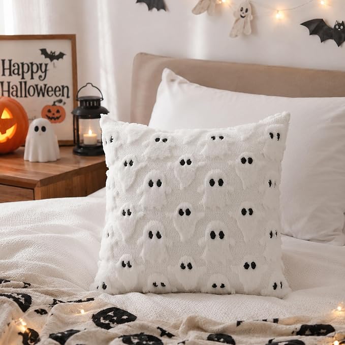 DFXSZ Halloween Pillow Covers 16x16 inch 2Pcs White Ghost Halloween Decor | Halloween Decorations Set of 2 Throw Pillow Cases Plush Faux Fur Wool Cushion for Chair Sofa Bedroom Living Room Home Decor