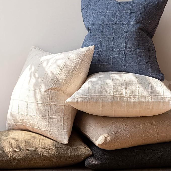 Foindtower Set of 2 Decorative Linen Check Throw Pillow Covers Neutral Farmhouse Vintage Cushion Covers Modern Boho Home Decor for Sofa Chair Couch Bedroom Living Room,22×22 Inch,Natural Beige