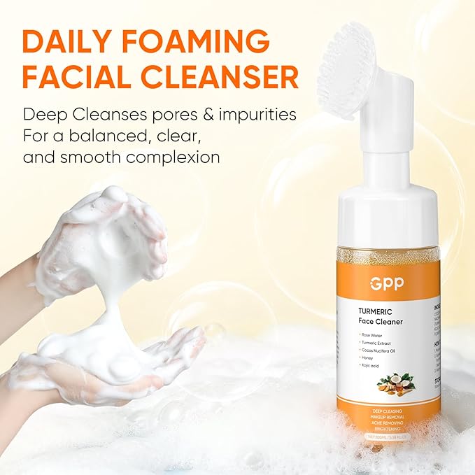 4Pcs Turmeric Soap & Turmeric Face Wash with Brush Skin Care Set, Lemon Turmeric Soap for Face & Body, Daily Facail Cleanser for All Skin Types, Deep Cleansing Turmerics Wash and Care Set