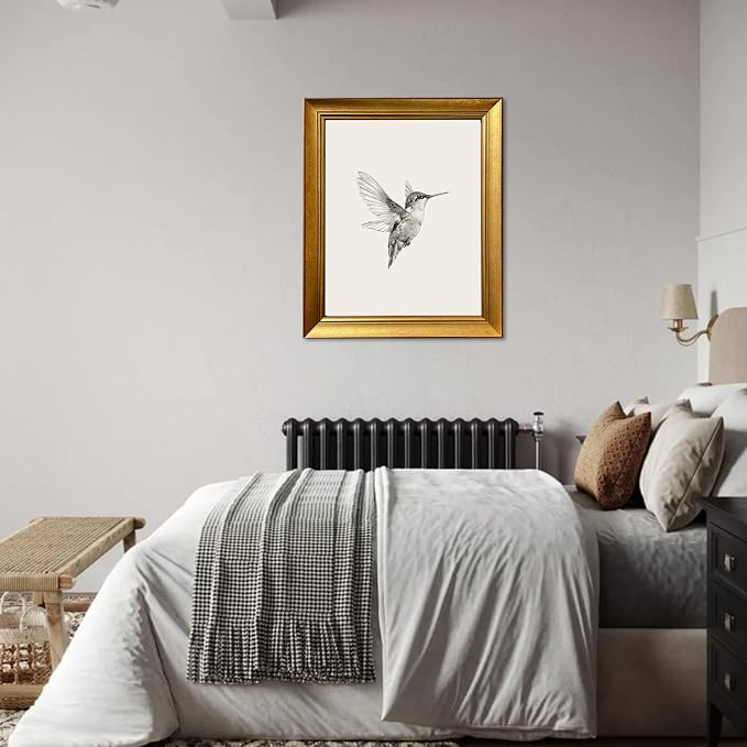 Gold Framed Wall Art Hummingbird Painting Vintage Bird Picture Wall Decor Nursery Canvas Print Neutral Minimalist Artworks for Bedroom Living Room Home Decoration