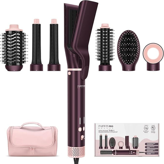 MaxAIR 2.0 7-in-1 Hot Air Styler, Dual Voltage Multi-Styler Set, High Speed Hair Dryer Brush with Air Hair Straightener, 1.1 Inch Auto-Wrap Curlers, 110,000RPM, Shiny Hair, Jasper Plum