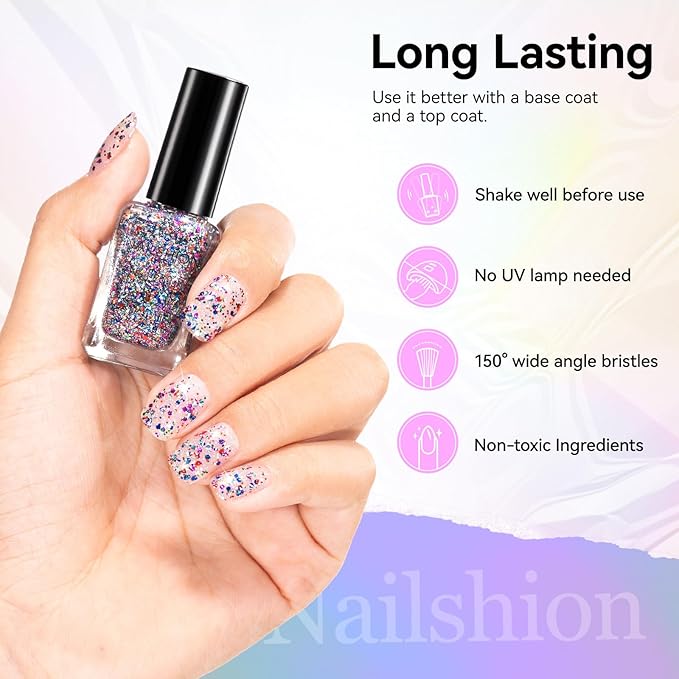 Sparkle Nail Polish, Glitter Purple Blue Red Fast Dry Confetti Nail Polishes, No UV Lamp Needed, Vegan, Long Lasting Gradient Nail Art DIY Home Travel Manicure Gift