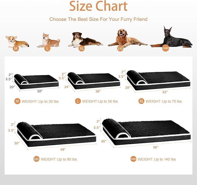 Orthopedic Large Dog Bed Pillow Pet Sofa Bed 56''X40'' Black | Egg-Crate Foam Pet Couch Large Sized Dog, Waterproof Removable Washable Cover,Furry Puppy Crate Mat With Nonskid Bottom