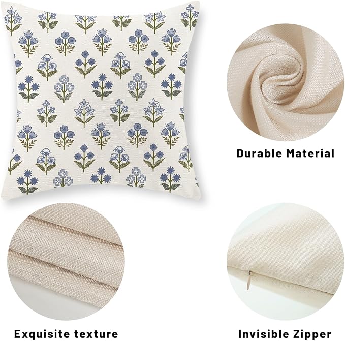 Farmhouse Floral Block Print Pillow Covers 18x18 Set of 2, Vintage Rustic Decorative Throw Pillows Modern Flower Cushion Covers for Sofa Couch Bed Living Room Home Decor, Sage Green Blue