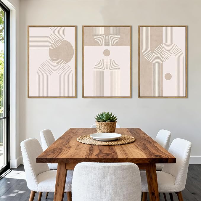 ANHUIB Neutral Boho Abstract Canvas Wall Art Set of 3 Framed Mid Century Modern Wall Decor Beige Geometric Line Artwork Minimalist Prints 16x24 Inch Painting for Living Room Bedroom Dining Room Office