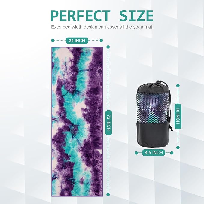 Eunzel Hot Yoga Towel - Microfiber Non Slip Yoga Mat Towel with Grip Dot Sweat Absorbent Towel for Hot Yoga, Pilates and Fitness 72" x 24", Green & Purple/Purple