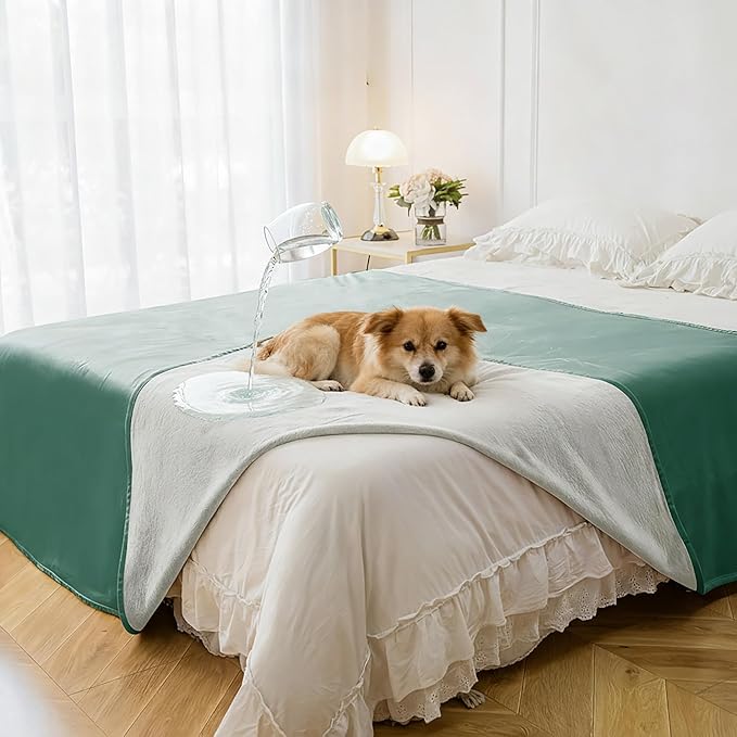 Waterproof Blanket - Reversible Dog Throw as Furniture Protector | Soft Velvet & Flannel, TPU Leak-Proof Liner, Machine Washable, Fits Couch and Bed, 82" x 120", Green/Cream