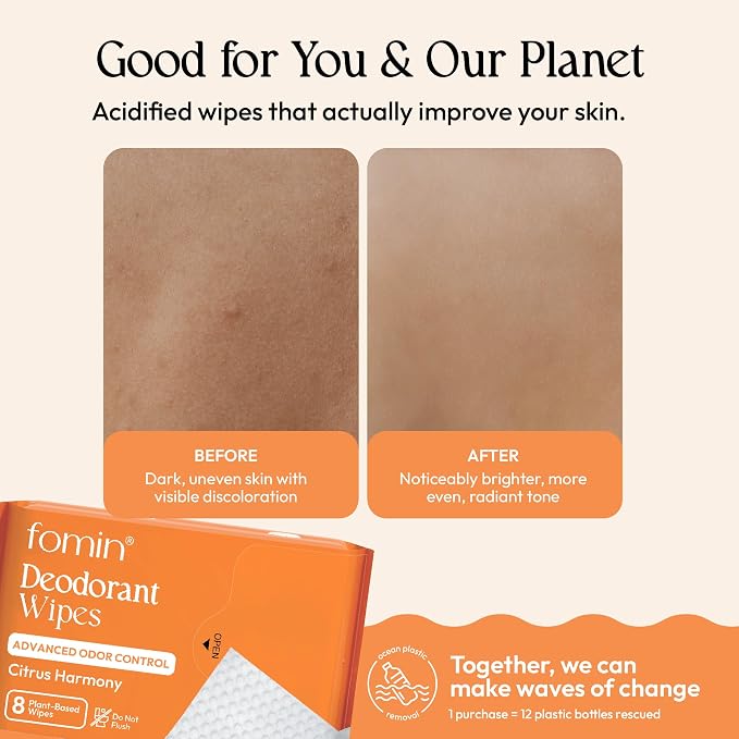 FOMIN Acidified Travel Deodorant Mini Wipes For Women & Men - Citrus Harmony - 144 Count - pH Balanced, Biodegradeable Mini Deodorant Travel Size Wipes - Plastic-Free, Underarm Body Wipes