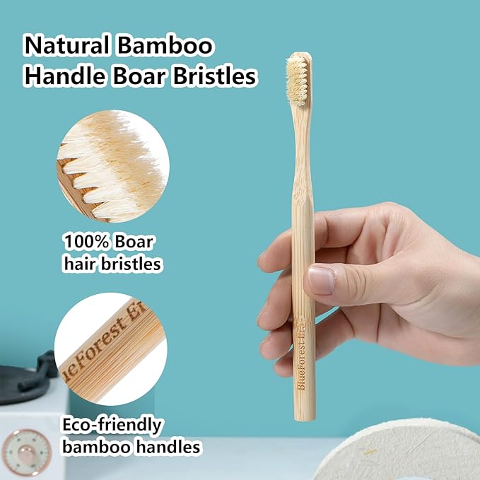 BlueForest Era Boar Bristles & Bamboo Toothbrush, Premium Boar Bristle Toothbrush for Adult, Plastic & Nylon Free, Eco-Friendly Natural Biodegradable Compostable Bamboo Tooth Brushes 6 Pack