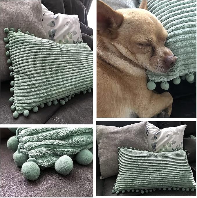 Fancy Homi 2 Packs Sage Green Decorative Throw Pillow Covers 16x16 Inch with Pom poms, Boho Farmhouse Home Decor, Soft Corduroy Accent Square Cushion Case for Living Room Couch Bed Sofa 40x40 cm