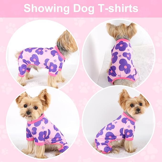 DaFuEn Dog Pajamas for Small Dogs - Soft Stretchy 4-Legged Puppy Onesie & Jumpsuit - Breathable Dog PJs Sleepwear Clothes for Yorkie, Chihuahua, Toy Poodle, Boy & Girl (Purple Flowers,XS)