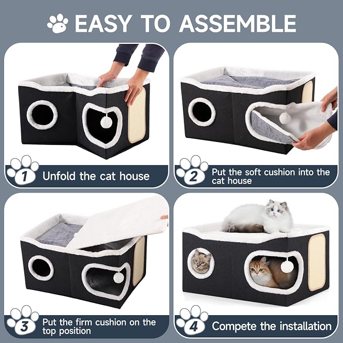Shikha Extra Large Cat House Bed for Multi Cats with Scratch Pad Black | 24 x 17.7 x 12.6 IN Widen Cat Cave Cube for Multi Pets, Foldable, Arc-Edge Design, Oval Door, All Seasons Reversible Cushion